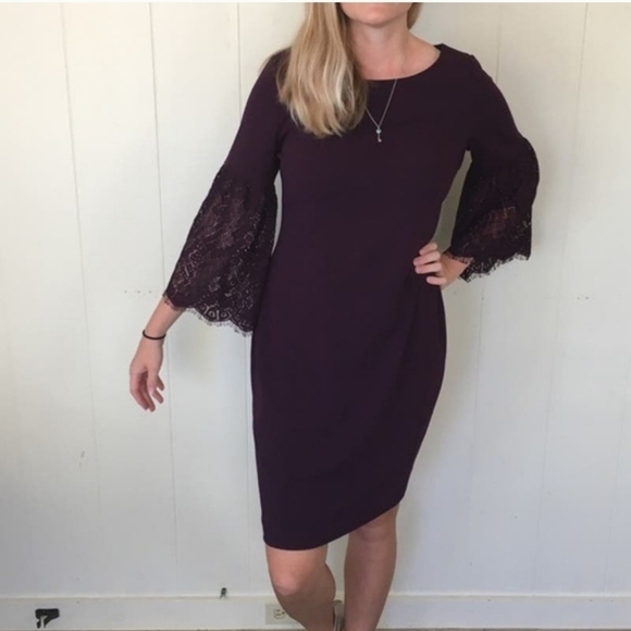 Calvin Klein Eggplant Boat Neck Lace Bell Sleeves Sheath Dress - Size 2 - Picture 1 of 10